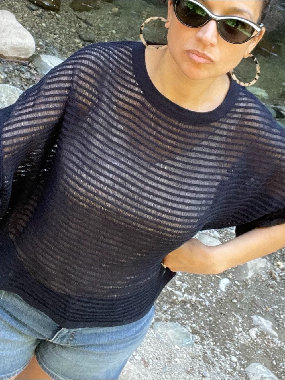 Naadam Lightweight Cotton Navy Sheer Open Weave Striped Women’s Top #120